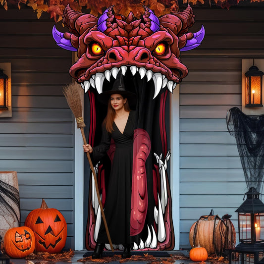 Tegeme Halloween Door Cover Decoration Creepy Door Backdrop for Halloween Garage Window Wall Porch Haunted House Terror Trunk or Treat Car Decoration Scary Evil Photo Booth Props(Dragon Monster)