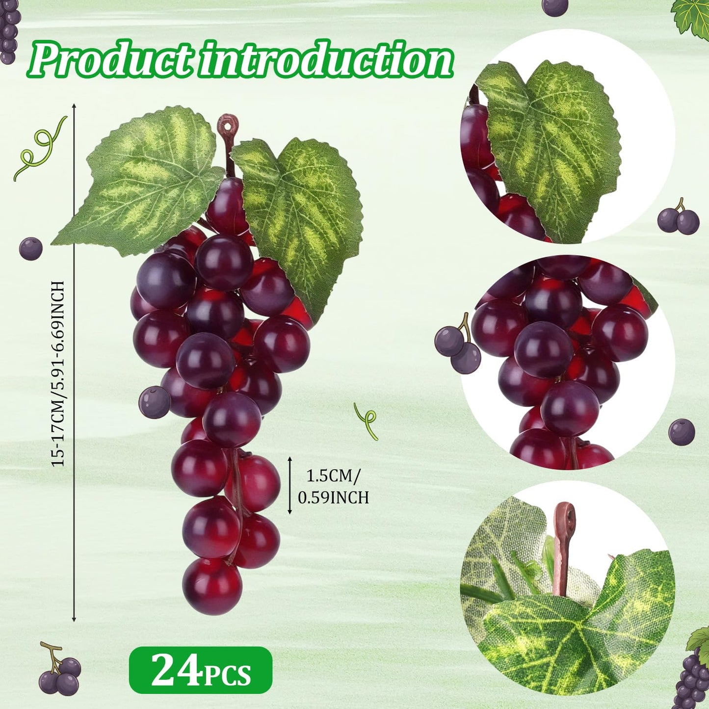 Wavyknot 24 Pcs Artificial Grape Rubber Fake Grapes Bunches with Vines Leaves Faux Lifelike Fruits Ornament for Wedding Outdoor Decoration Garden Home(Purple)