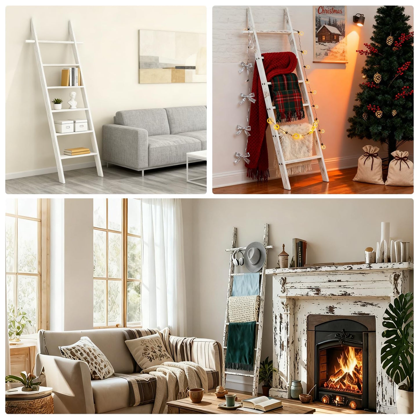 chilinii Farmhouse Wooden Blanket Ladder Living Room with Removable Hooks, 6-Tier Blanket Rack Decorative Stand, Leaning Towel Quilt Rack Holder for Bathroom Decor Rustic White
