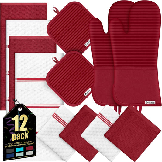 Oven Mitts Kitchen Towels and Dishcloths with Pot Holders Sets, Oven Gloves Hot Pads 500°F Heat Resistant with Silicone Grip, Include 2 Cooking Gloves/2 Potholders/4 Kitchen Towels/4 Dish Towels-Red