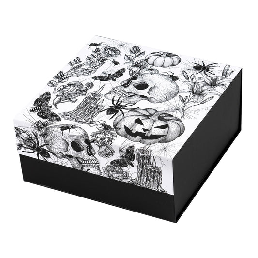 RUSPEPA Halloween Skull Gift Box with Magnetic Closure Lid, Vintage Gothic Skull & Pumpkin Black White Design Reusable Decorative Box for Halloween Packaging, Party Favor, Holiday, 8x8x4 Inch, 1 Pcs