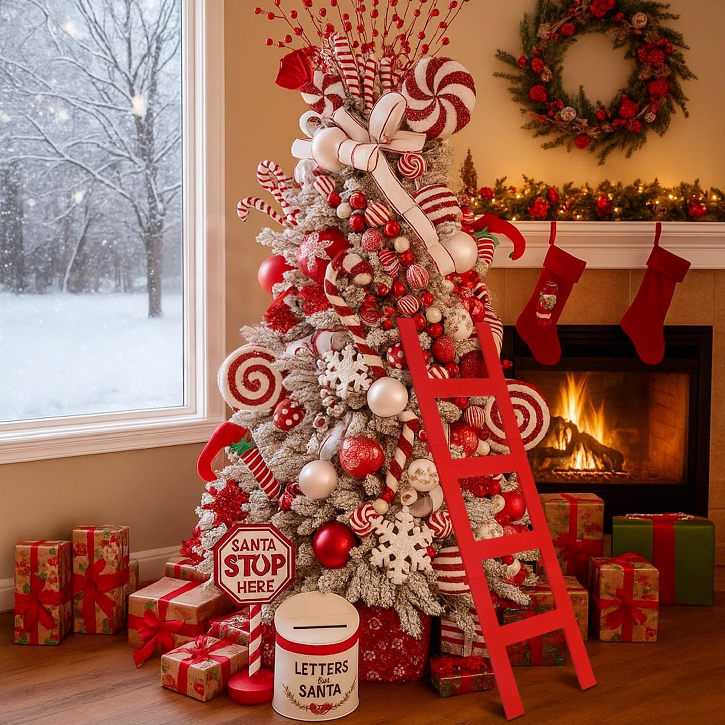 Jenaai 39 Inches Christmas Red Wooden Ladder Christmas Tree Decoration Santa Climb Ladder Assemble and Disassemble Rustic Decorative for Xmas Tree Wall Ornament Holiday Festival Party Decoration