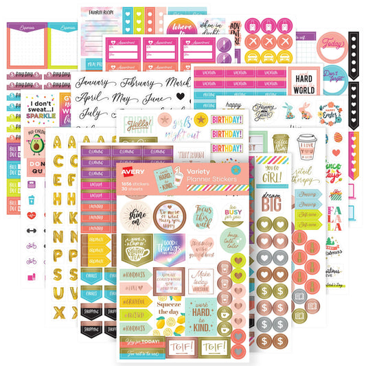 Avery Planner Stickers Variety Pack, 30 Sheets, 1,656 Productivity Stickers for Your Planner, Journal or Calendar (6785)