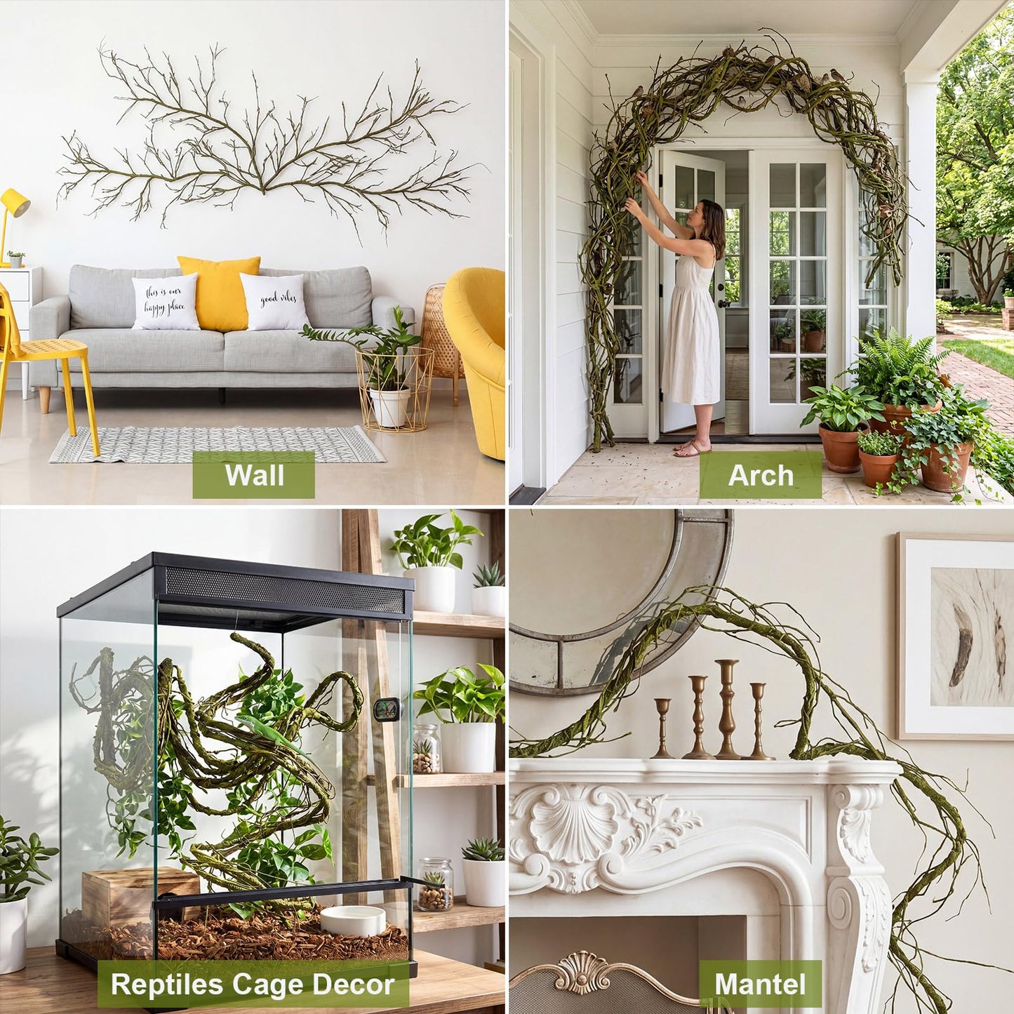 Suncalla 4 Pcs 118 inch Flexible Artificial Tree Branches Halloween Fake Bendable Trunk Grapevine Garland Twig Rattan Wreath Cherry Grape Vine for Wall Hanging Front Door Reptile Habitat Decor(Green)