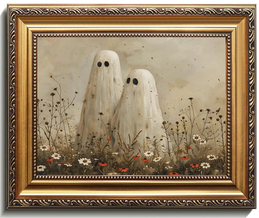 uniro Vintage Gold Framed Wall Art, Vintage Cute Ghosts in Wildflower Meadow Canvas Painting, Spooky Fall Halloween Wall Art Prints Ghost Decor, Moody Ghost Posters Pictures for Living Room, Bedroom, Bathroom, Halloween Room Decor, Gothic Home Decor Aesth