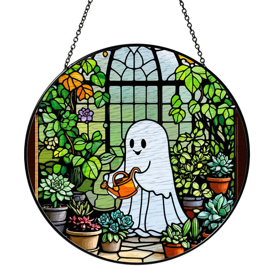 RVEAFA Ghost Garden Sun Catcher Stained Glass Window Hanging Plant Lovers Gifts for Women Wall Decor Handmade SunCatcher Decoration for Garden Home Plant Greenhouse Decor, 7.87inch