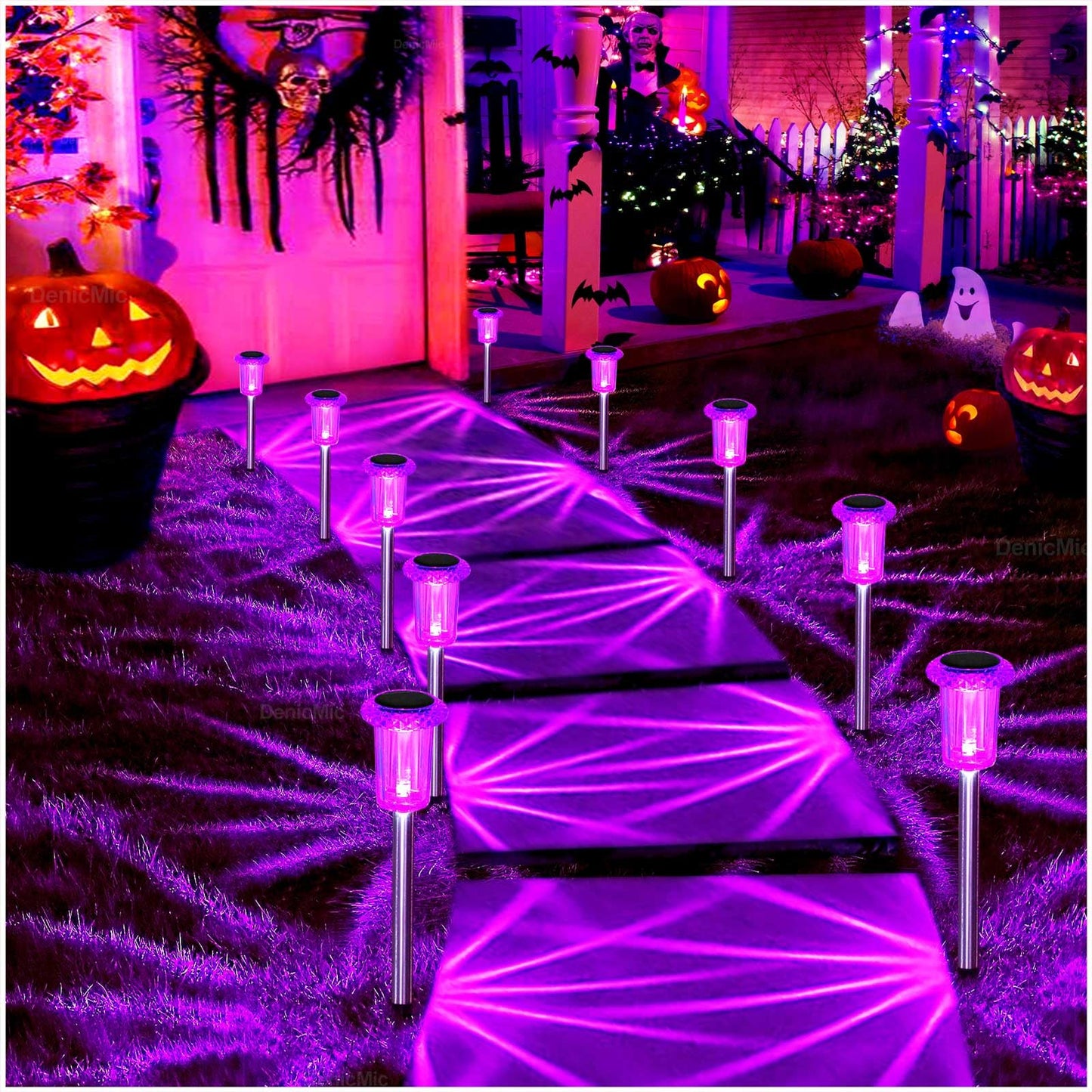 DenicMic Solar Halloween Lights Outdoor 10 Pack Waterproof Outside Lights for Yard Pathway Garden Driveway Walkway Landscape Path Lighting Purple LED Stainless Steel Stake Halloween Decor