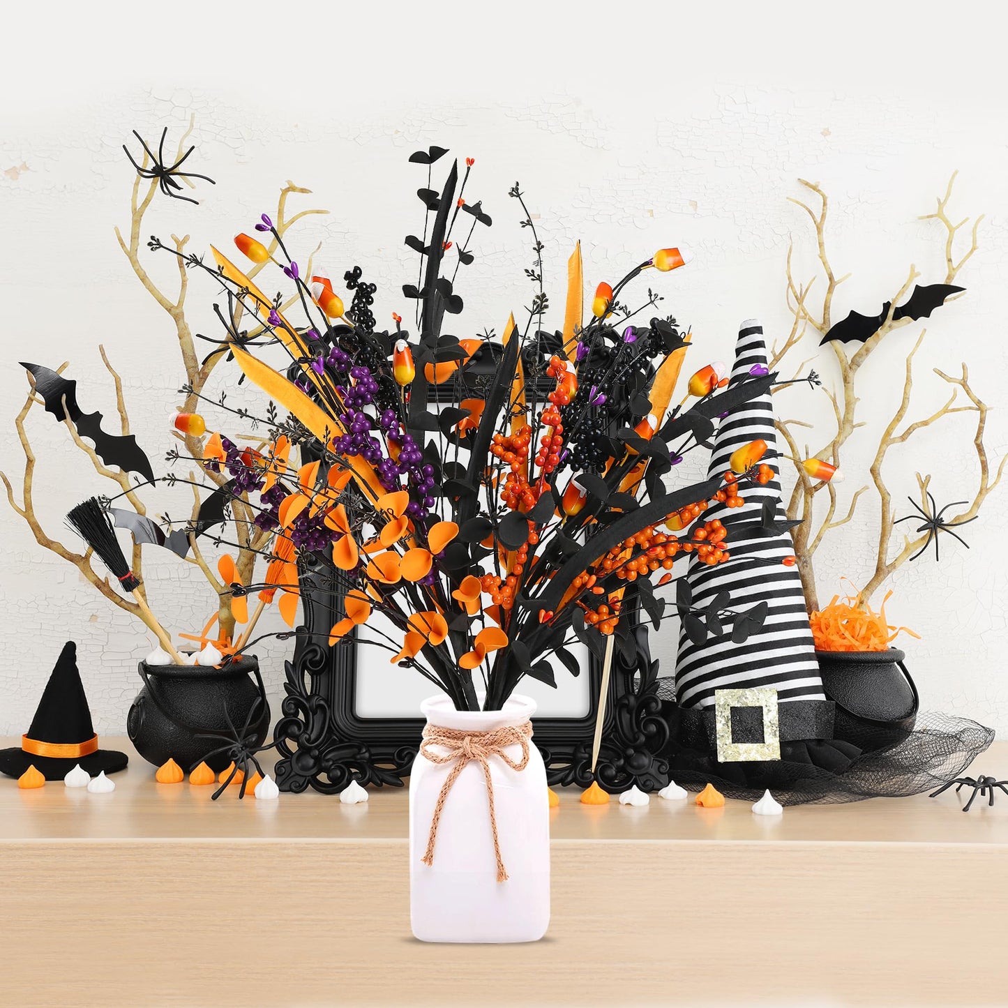 Sggvecsy 6 Pcs Artificial Halloween Stem with Berries Teeth Black Orange Leaves Faux Picks Decorative Twigs for Flower Arrangemant Table Centerpiece Halloween DIY Crafts Festival Home Decoration