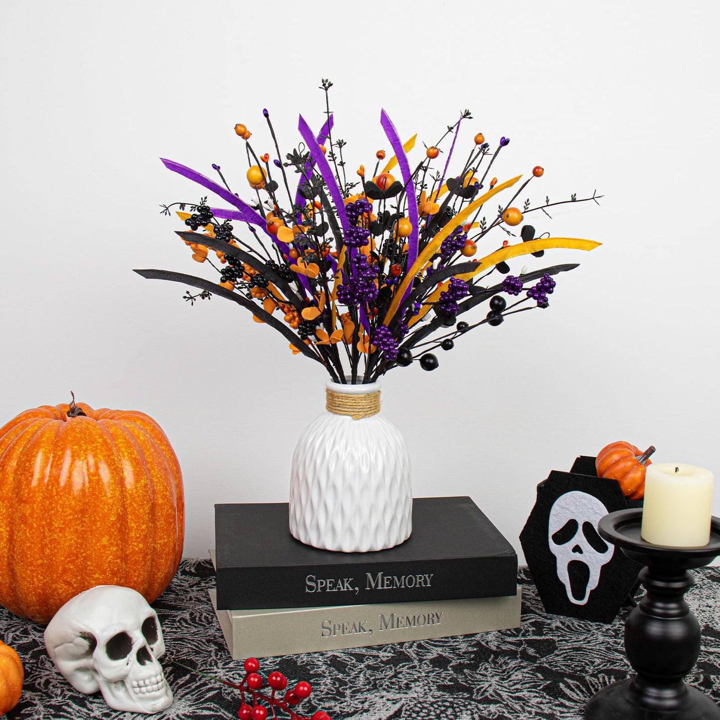 Yawwind 6 PCs Halloween Flowers Artificial 17 Inches Black Halloween Stems with Berry Branch Gothic Floral Picks for Vase Flower Arrangement Home Party Thanksgiving Harvest Decor
