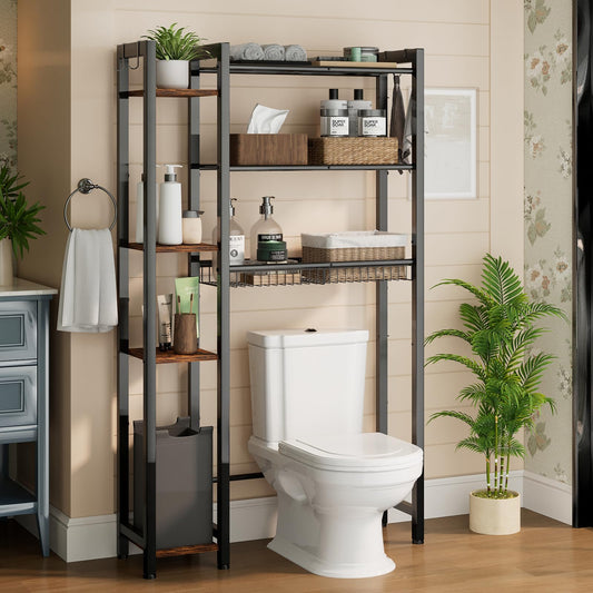 NEHAJUNXI Over The Toilet Storage with Side Rack, 7-Tier Bathroom Organizer with Adjustable Shelf & Drain Basket & 4 Hooks, Freestanding Space Saver for Balcony, Laundry (Vintage Brown)