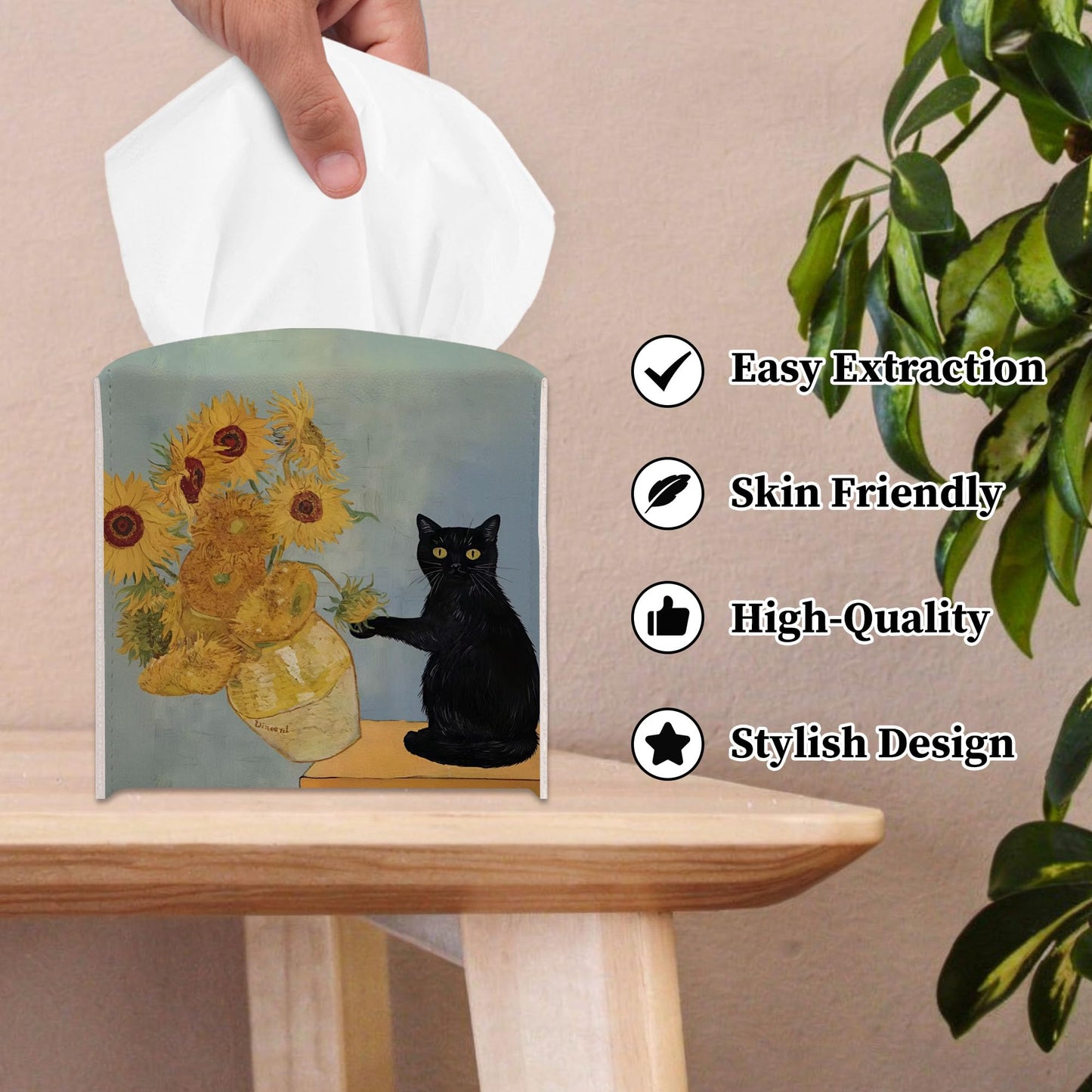 RWWNONW Vintage Black Cat Sunflowers Tissue Box Cover Square
