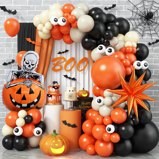 Halloween Balloon Arch Kit with Pumpkin Explosion Star Foil Balloons, Black Orange Beige Balloons Garland Kit with Eyes Balloons, halloween Party Balloons for Halloweens Home Garden Decorations