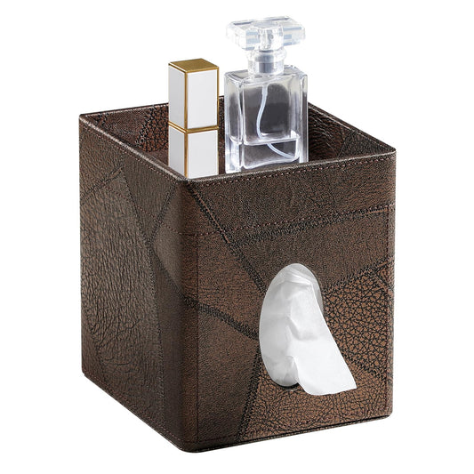 Square Tissue Box Cover, Stylish Leather Tissue Box Holder with Storage Tray, Decorative Tissue Rack Storage Box for Living Room, Bedroom, and Office Desk (Brown Vintage)
