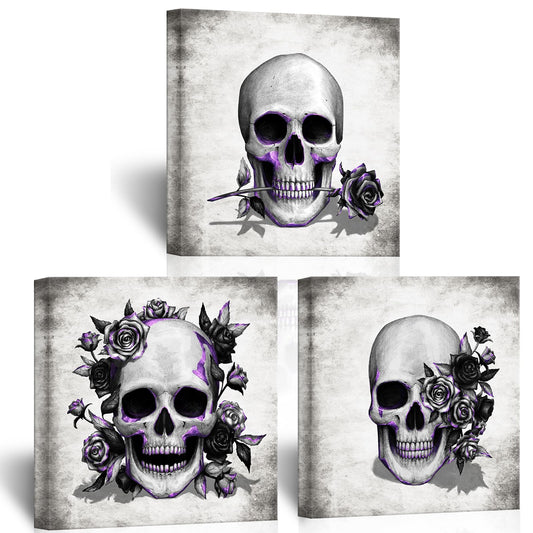 Artsbay Grey Skeleton Wall Art Skull and Rose Pictures Paintings Rustic Gothic Home Decor for Living Room Bedroom Bathroom 12" x 12" x 3PCS