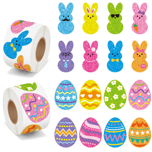 BeYumi Easter Laser Bunny Sticker - 1000Pcs Easter Laser Bunny Peeps Stickers in 2 Rolls Holographic Sparkly Glitter Colorful Eggs Rabbit Adhesive Decal Sunday School Gift Holiday Party Decor for Kids