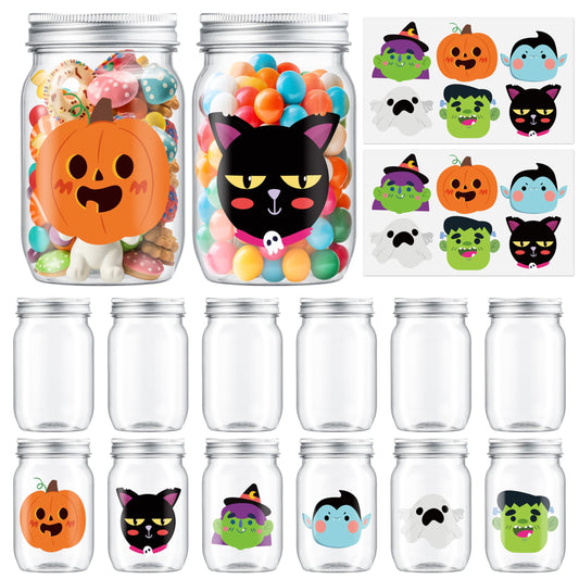 JAPBOR Halloween Candy Jars Containers - 14PCS Halloween Small Plastic Cookie Candy Jar with Lid Pumpkin Ghost Sticker Decoration, DIY Sugar Storage Dish Craft, Party Favor Gift Bottle Decor