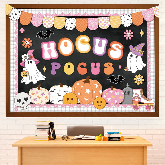 Pasimy Halloween Bulletin Board Decorations Set Halloween Theme Classroom Decor Spider Bat Ghost Pumpkin Cutouts with Borders for Home School Party Supplies (Hocus Pocus)