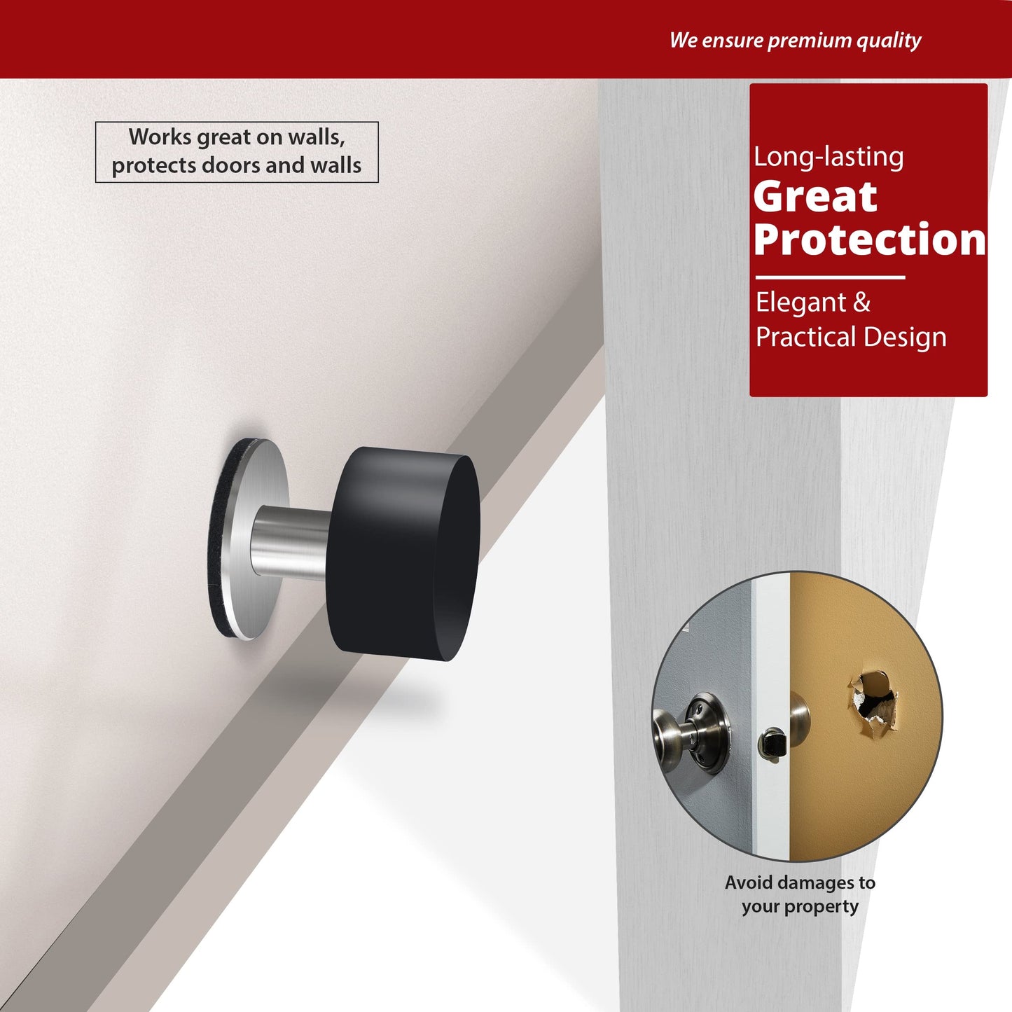 2 Pack Door Stoppers Stop with Extra Stickers, Self-Adhesive Door Stops with Black Rubber Bumper & Stainless Steel Body - Heavy Duty Door Knob Wall Protector Sound Dampening for Home & Office Use