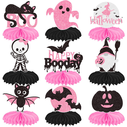 Halloween Happy Boo Day Honeycomb Centerpieces 12PCS Pink Black Little Boo Baby Shower Decorations Halloween Birthday Party Table Centerpieces Ghost Pumpkin Decor for Gender Reveal Suuplies