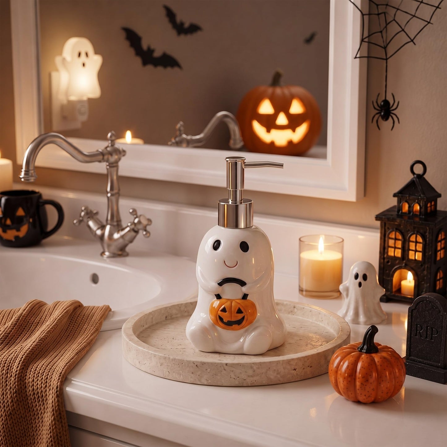 Potchen Halloween Soap Dispenser Ghost and Pumpkin Liquid Pump Ceramic Bath Accessories Bathroom Decor Holiday Collection Shaped Festive Touch for Countertop