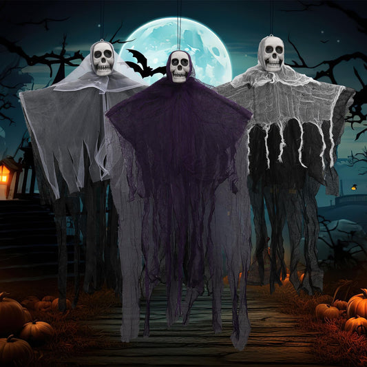 NOVWANG 3 Pack Hanging Halloween Skeleton Decorations, 31.5 Inch Hanging Halloween Ghosts Decorations for Outdoor Indoor Ghost Skulls for House Porch Yard Patio Decor
