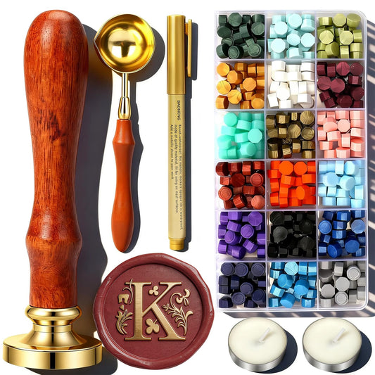 K Wax Seal Stamp Kit, TEKGERLU 360 PCS 18 Colors Wax Beads, Copper K Letter Stamp with Solid Wood Handle, Full Tools for Birthday Presents, Custom DIY, Friend Gifts