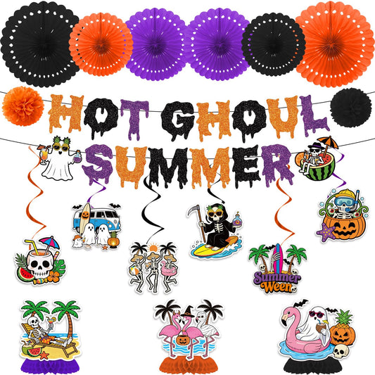 Musaeva Happy Summer Ween Party Decorations, 19PCS Summer Halloween Banners with Hanging Swirls Decorations, Hot Ghoul Paper Fans with Paper Poms Decor for Hallows' Eve Ghost Supplies