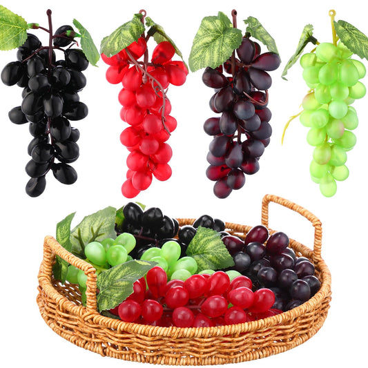 Knitgrip 4 Pack Artificial Grape Fake Grapes Wine Decor Italian Decor Lifelike Faux Fruit for Autumn Thanksgiving Vintage Wedding Kitchen Pub Home Cabinet (Purple Black Red Green,36 Kernels)