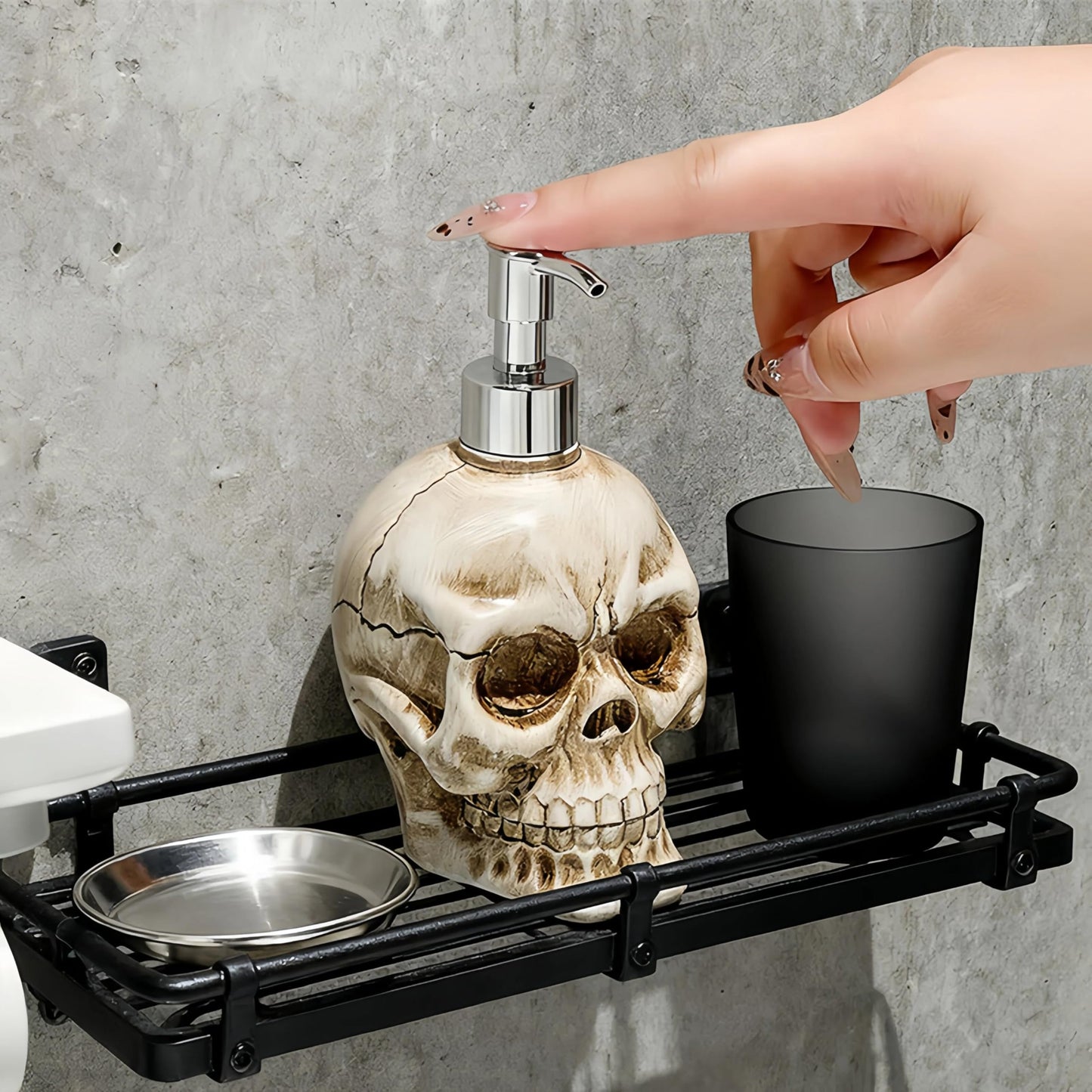 Fsocpen Skull Soap Dispenser with Rust Proof Pump and 3 Bank Wooden Labels，13 fl oz,Refillable Hand Soap Dispenser for Bathroom and Kitchen，Home Decoration，Gothic Enthusiast Decoration