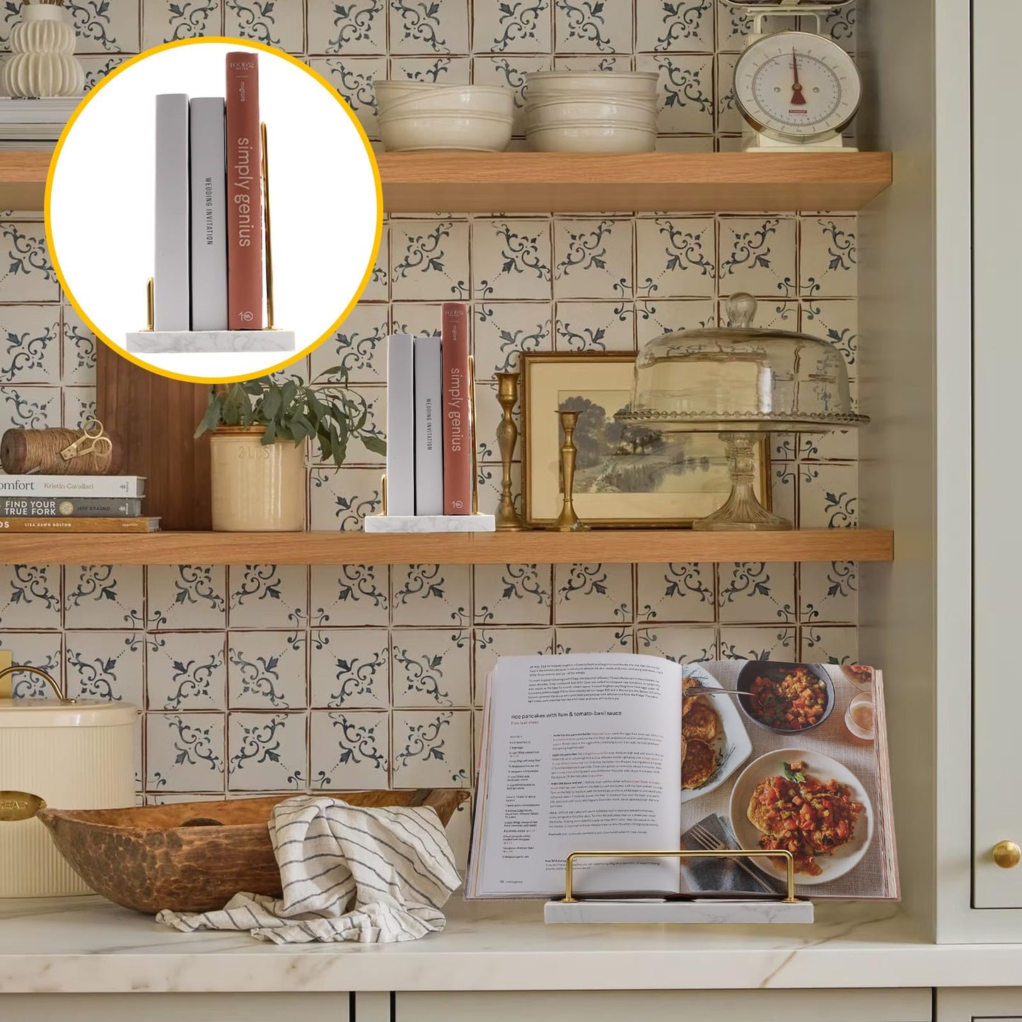 Bonshocon Cookbook Stand,Marble Cook Book Stand for Kitchen Counter,Heavy Duty Book Stand for Cookbook Recipe Cutting Board,Stylish Cookbook Holder for Kitchen Counter,White