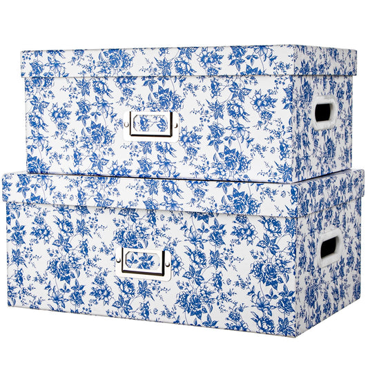 Briful Set of 2 Blue and White Porcelain-Style Storage Boxes with Lids – Elegant Floral Nesting Organizer Bins, 14'' + 13'' Set Decorative Cardboard Gift Boxes for Home or Office Use