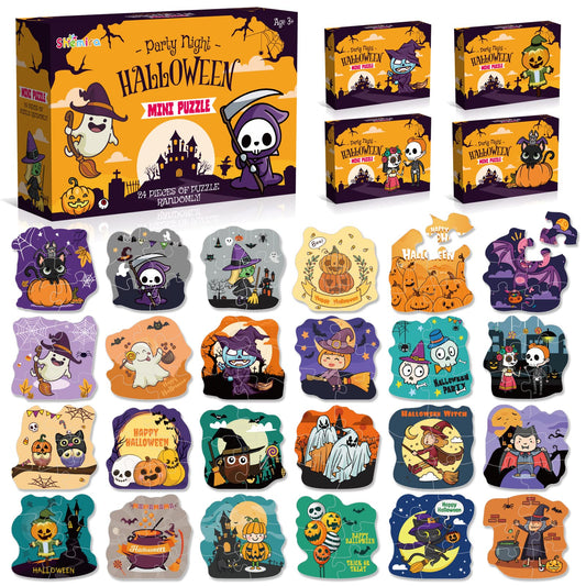 Shemira Halloween Party Favor for Kids, 24 Pack Jigsaw Puzzles in Halloween Theme Designs for Trick or Treating, Halloween Goodie Bag Filler,Miniatures Novelty Toy, School Classroom Reward