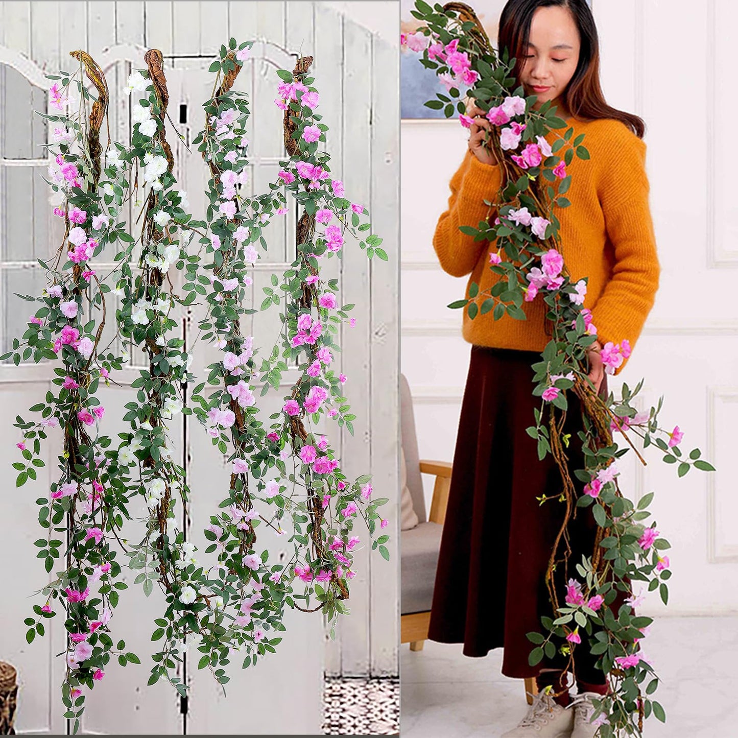 Fosolasi 66.9in Flexible Artificial Wall Hanging Plants Tree Trunk Fake Cherry Blossom Branches Wood Twigs Twisted Cane Vine Grape Garland for Wedding Outdoor Garden Home Room Christmas Decoration