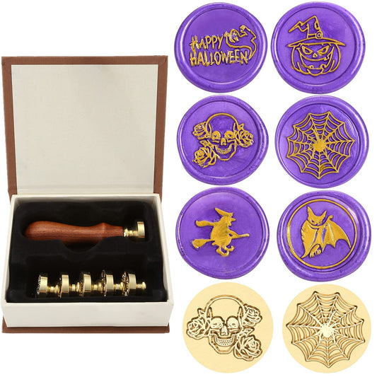 Yoption 6 Pcs Wax Seal Stamp Set, Halloween Sealing Wax Stamps Kit, Wooden Handle with Brass Head for Halloween Invitation Gift Cards