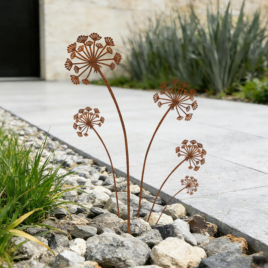 KODIBO 5-Pack Garden Stakes Decorative, Metal Dandelion Yard Stakes Outdoor Decor, Antique Rust Patina Yard Art, Rustic Garden Accents for Lawn, Border, Planters, Patio & Front Yard Landscaping
