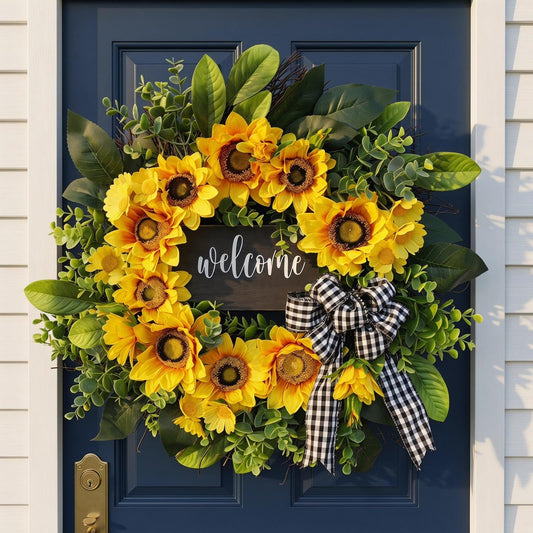 sunflower wreath with welcome,spring summer wreath for front door, unique housewarming gift,mother'day gift,farmhouse porch decor,sunflower wall decor,wedding favors,year round wreaths-20inch