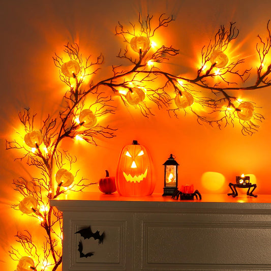 Joyhalo Halloween Garland with Lights Decorations with Pumpkin Lights,Battery Operated 6FT 47 LED Halloween Willow Vine Twig Garland for Mantle,Wall,Fireplace and Halloween Decorations