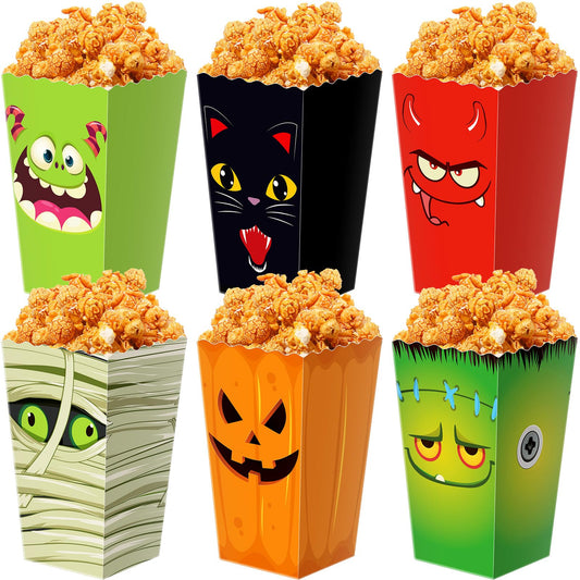 Roshtia 24 Pcs Halloween Popcorn Boxes, 6 Designs Popcorn Bags Containers, Candy Cookie Treat Boxes for Snacks Goodie Bags and Halloween Party Supplies(Demon)