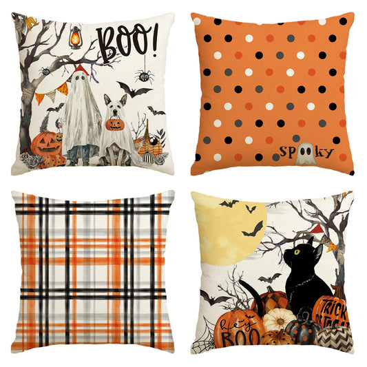 AVOIN colorlife Halloween Boo Dead Tree Ghost Spooky Dog Polka Dots Throw Pillow Covers, 18 x 18 Inch Cat Moon Pumpkin Bat Plaid Cushion Case Decoration for Sofa Couch Set of 4