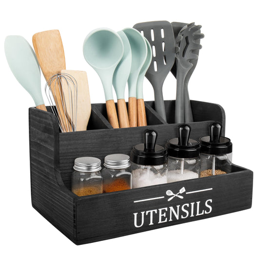 SHAXIXI Wooden Kitchen Utensil Holder, Farmhouse Country Style Kitchen Countertop Organizer, Selected Tung Wood, 11.4 X 6.1 X 5.8 Inches