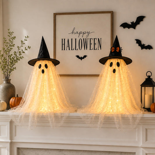 AYGXU 2pcs Halloween Decorations Indoor,Ghost Decor with String Lights Remote Control,Halloween Party Decorations,Spooky Ghost Light for Home Table Room Kitchen Office