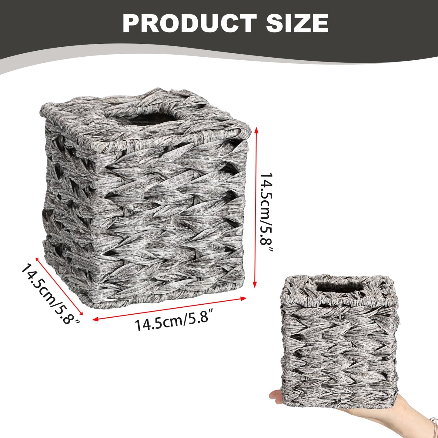 Sumnacon Wicker Tissue Box Cover, Square Tissue Box Holder, Hand Woven Facial Tissues Dispenser, Decorative Boho Tissue Box Organizer for Bathroom Bedroom Kitchen Office Table Desk Counter, Grey