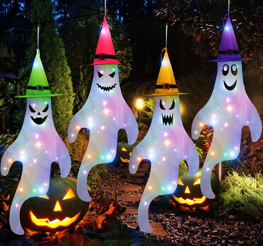 Tatuo 4 Pieces Halloween Windsocks Outdoor Hanging Ghost Windsock with LED Light Ghost Hanging Decorations for Home Yard Outdoor Decor Party Supplies(Fresh Colors)