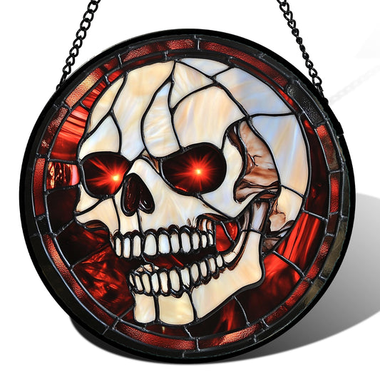 HWRHTR Stained Glass Window Hanging - Halloween Decorations White Skeleton Suncatcher for Doors Garden Indoor Spooky Funny Red Sun Catchers Gothic Decor Horror Gifts for Women Men Friend 6.3 in