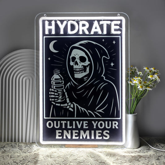 Grim Reaper "Hydrate" LED Neon Sign, Gothic Room Decor Aesthetic, Cool Neon Signs for Gaming Room, White Dimmable Acrylic Light with Printed Skeleton Art, 16.53x11.22"