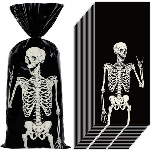 Whaline 150 Pcs Halloween Cellophane Gift Bags with 200 Pcs Twist Ties Funny Skeleton Party Favor Bags Candy Goodie Treat Bags for Trick or Treat Birthday Party Supplies