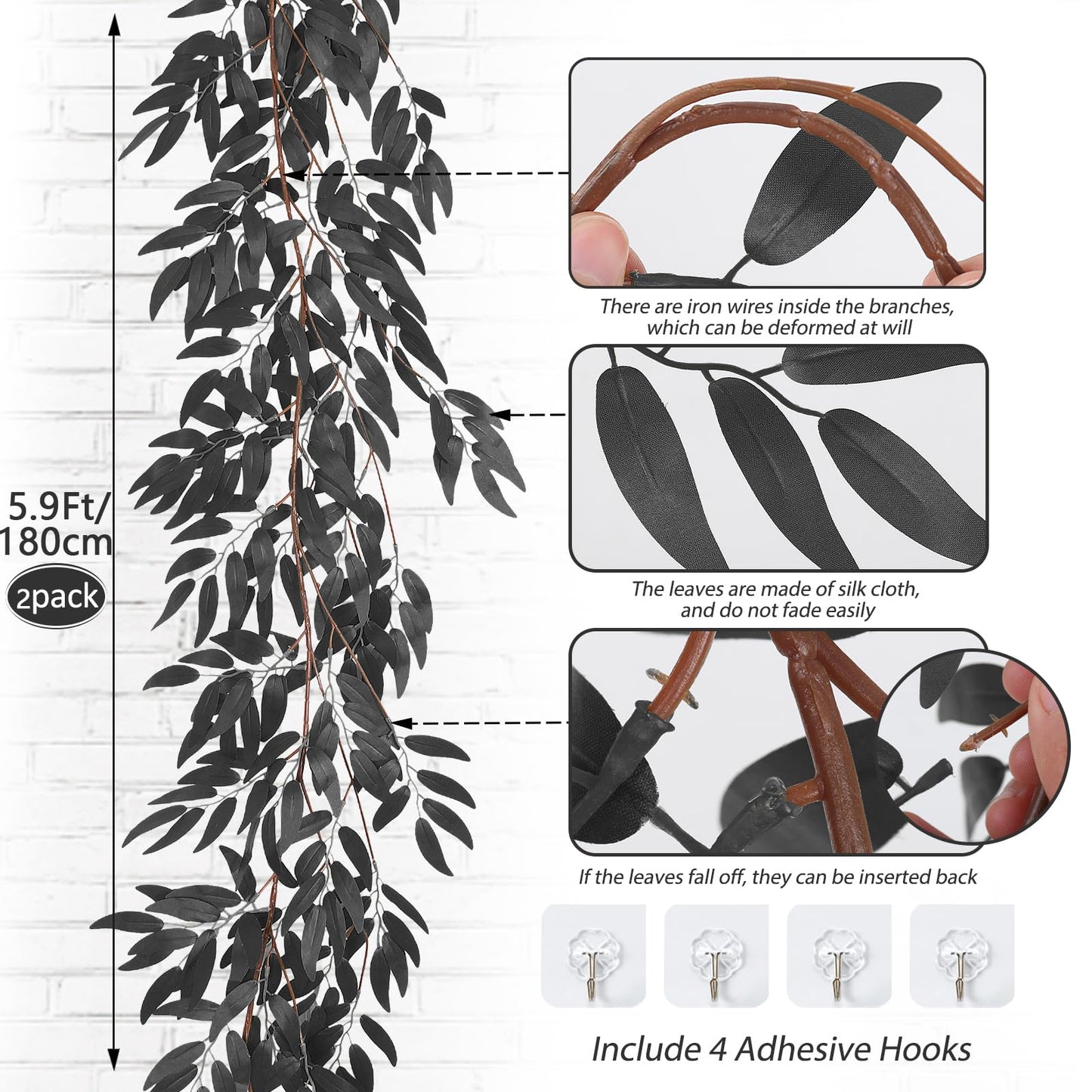 RECUTMS Artificial Hanging Willow Leaves Vine Twigs 2Pcs 5.9Ft Halloween Black Leave Garland Fake Silk Willow leaf Ivy Faux Greenery Plant for Indoor Outdoor Jungle Birthday Fall Christmas Party Decor