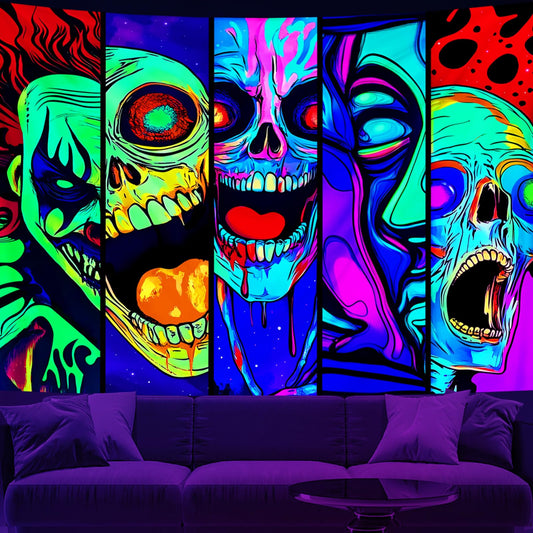 Apdidl Blacklight Halloween Horror Decor Tapestry for Bedroom, Black Light Posters Skull Face Scary Skeleton Funny Wall Art Tapestries，UV Reactive Glow in The Dark Party Wall Hanging for Living Room 60"X79"
