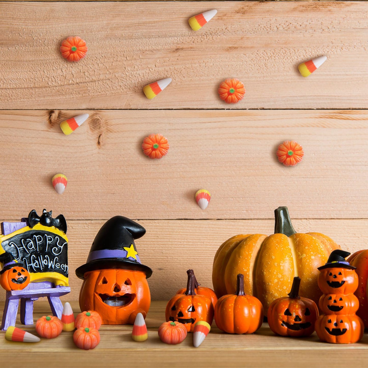 Wettarn 60 Pcs Fake Candy Corn Pumpkin Fall Resin Mini Pumpkin Halloween Resin Charms for Craft Making Artificial Candy Decorations for DIY Halloween Fall Thanksgiving Handmake Decor