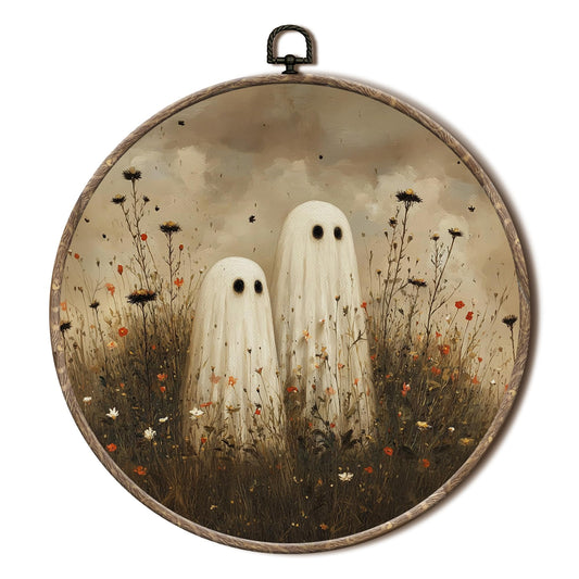 EGVQK Vintage Halloween Ghost Round Wall Art, Moody Wildflower Spooky Ghost Framed Canvas Prints Wall Art, Halloween Round Canvas Hanging Walls Decor for Home Bedroom Living Room Decorations, 10x10in